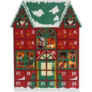 Christmas Wooden Advent Calendar House 2026 with Drawers and Led, Countdown to Christmas Decoration to Fill Small Gifts, red