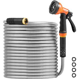 VEVOR Metal Garden Hose 200 ft, Heavy Duty Stainless Steel Water Hose with 10-Function Nozzle, No-Kink & Flexible Outdoor Garden Hose, Rust-Proof Lightweight Hose for Yard, RV, Car Wash