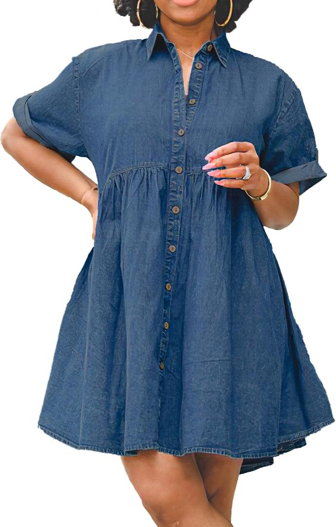 Womens Denim Babydoll Dresses Summer Outfits Button Down Ruffle Tiered Jean Dress, 3XL