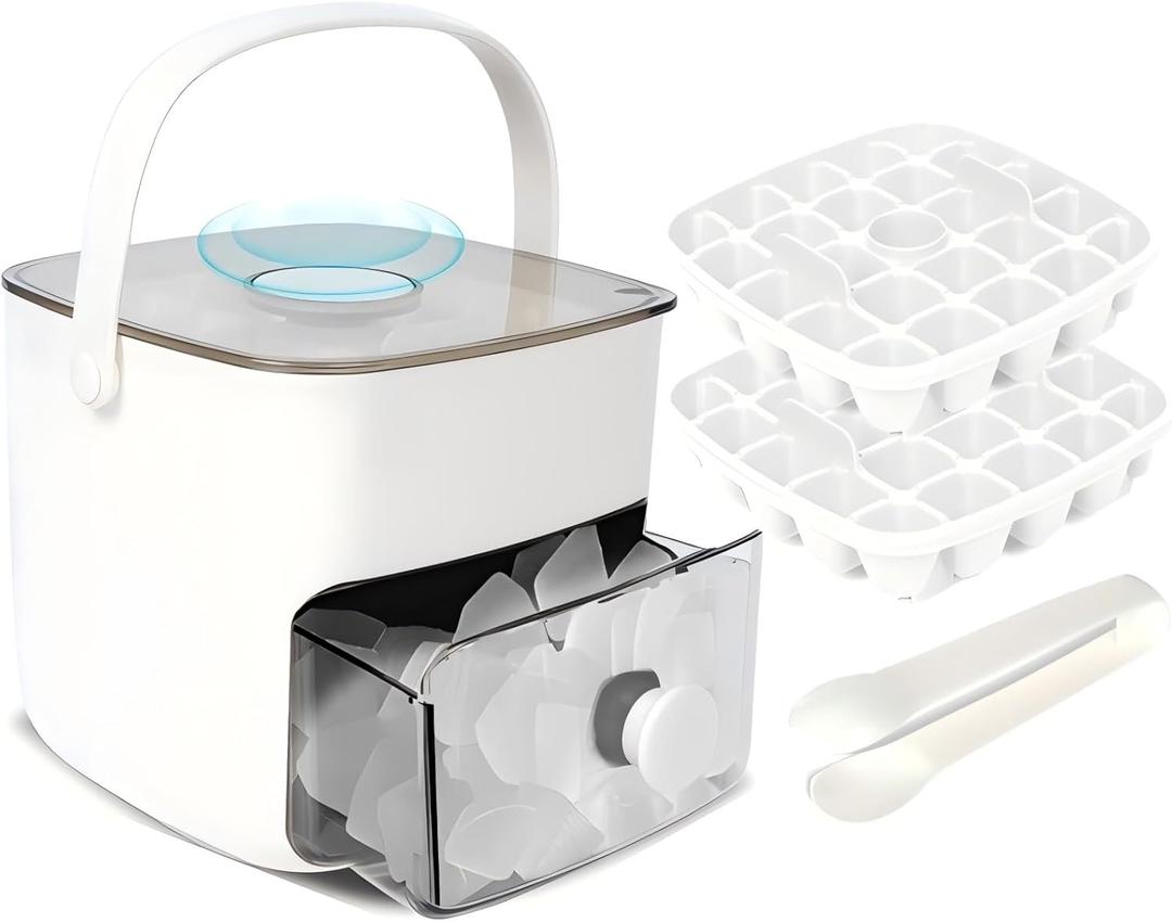 Ice Cube Tray with Lid & Bin Ice Maker Ice Trays for Freezer Ice Container- Reusable Ice Mold for Whiskey, Cocktail, Coffee, Beer Drinks with Ice Trays Ice Tongs (White)