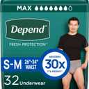 Depend Fresh Protection Adult Diapers, Incontinence Underwear for Men, Disposable, Maximum, Small/Medium, Grey, 32 Count