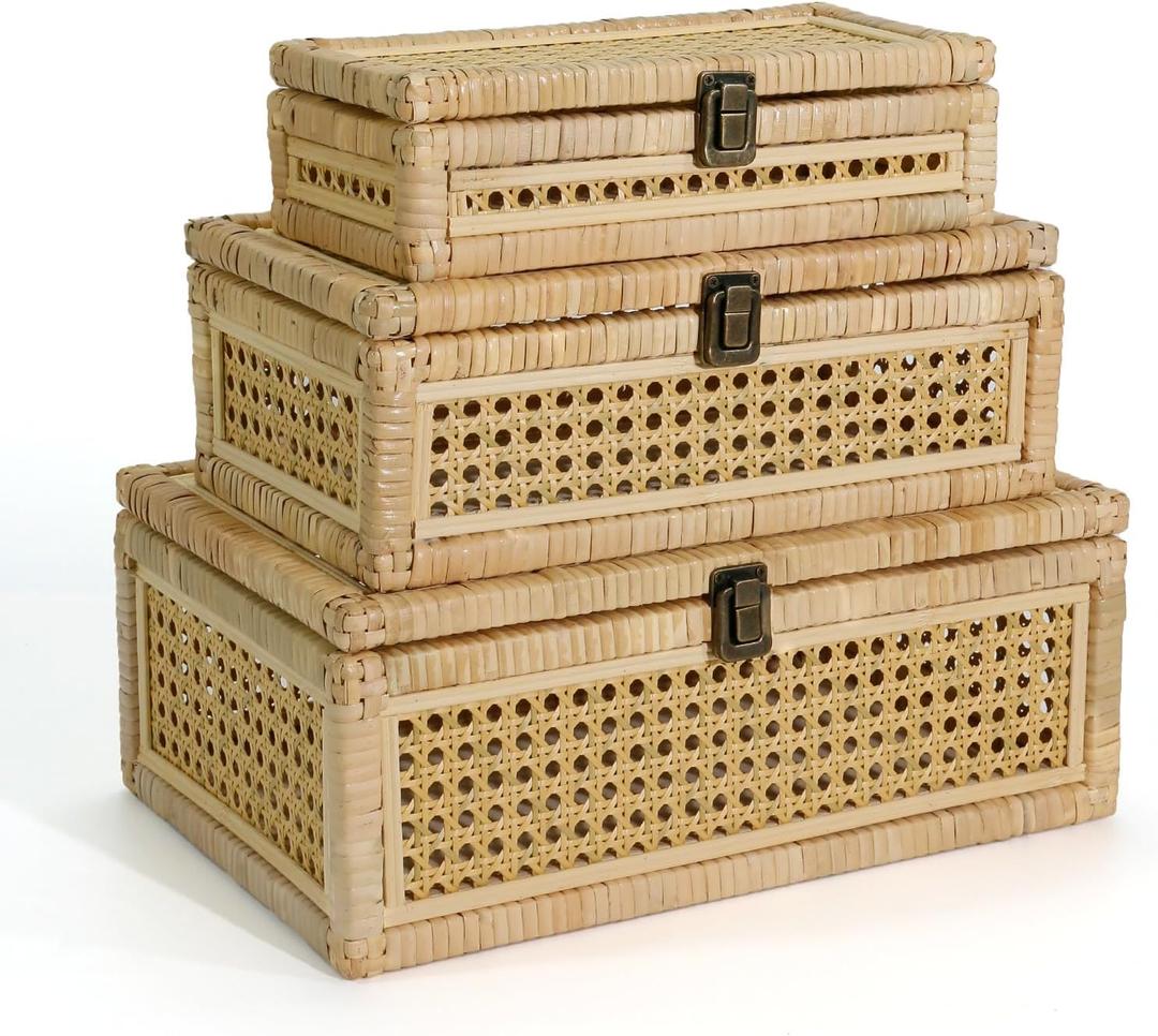 Boho Rattan Display Boxes with Rattan Lids, 3 Pcs Large Natural Handwoven Cane Basket, Home Decor Organizers Storage Bins, Natural Finish Display Boxes