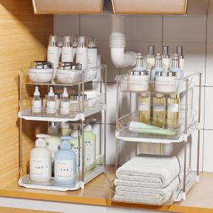 Delamu 2 Sets of 3-Tier Bathroom Under Sink Organizers and Storage, Multi-Purpose Stackable Pantry Organization and Storage, Pull Out Clear Kitchen Bathroom Cabinet Organizer with Movable Dividers (2Set-White)