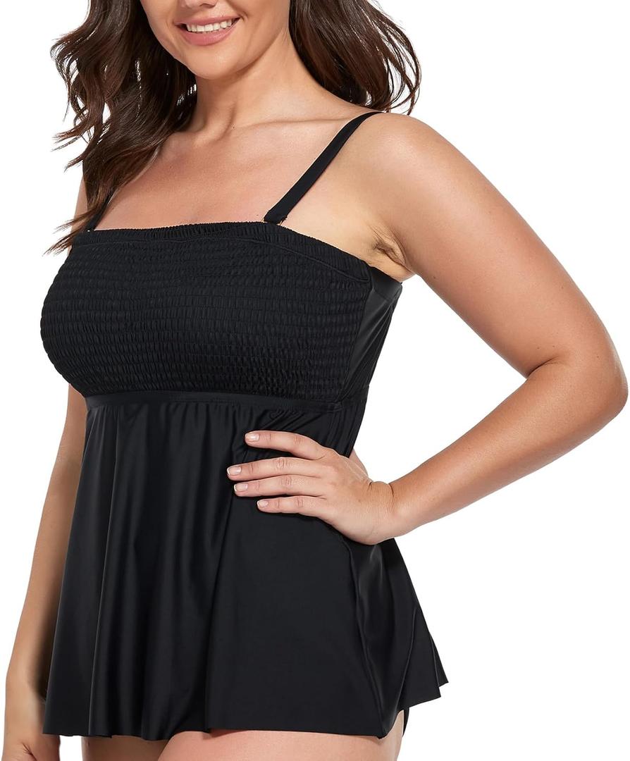 FULLFITALL Women Plus Size Tankini Swim Top Swimwear Bathing Suit Tank Top Bandeau (No Bottom) (Black)
