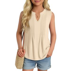 Ficerd Girl's Tank Tops V Neck Sleeveless Summer Shirts Kids Pleated Loose Blouse Dressy Casual Curved Hem Tees 5-14 Years