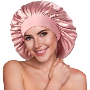 YFONG 100% 22 Momme Mulberry Silk Bonnet for Sleeping Women, Larger Double Layer Silk Hair Wrap for Curly Short Long Hair, Non-Slip Sleep Cap Turban with Elastic Tie Band for Hair Care, Pink