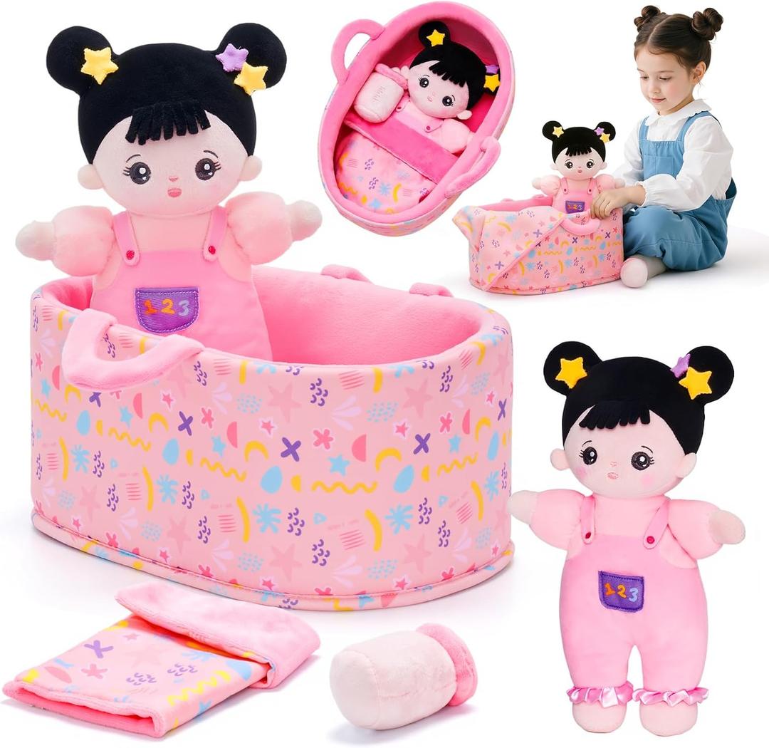 OUOZZZ 10" Soft Baby Doll Set with Plush Doll, Bassinet, Blanket and Bottle, Pretend Playset for Emotional Social Education Asian Doll for 2 Year Olds Girls Perfect Birthday Toy