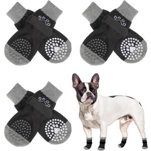 SCENEREAL 6Pcs Anti Slip Dog Socks to Prevent Licking Paws for Hot/Cold Pavement, Dog Grippy Socks for Hardwood Floors, Dog Shoes for Boots & Paw Protectors for Puppy Senior Dogs S(Pack of 4+2), Black Pearl Paw)