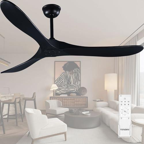 Fanawi Ceiling Fan No Light, 52 Inch Modern Solid Wood Ceiling Fan with Remote, Quiet DC Motor, Flush Mount Low Profile Indoor or Covered Patio Ceiling Fan for Bedroom Living Room, Black
