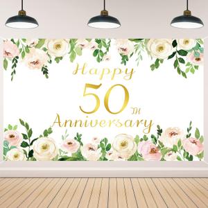 Vlipoeasn Elegant White 50th Anniversary Backdrop, Polyester, Rose Gold Peony Design, Included Rope, for Couple Surprise, Wedding Supplies