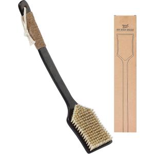 Back Scrubber Shower Brush,Dry Brushing Body Brush with 17.7 Inch Curved Long Handle, Natural Bristles for Lymphatic Drainage, Soft & Stiff Bristles 