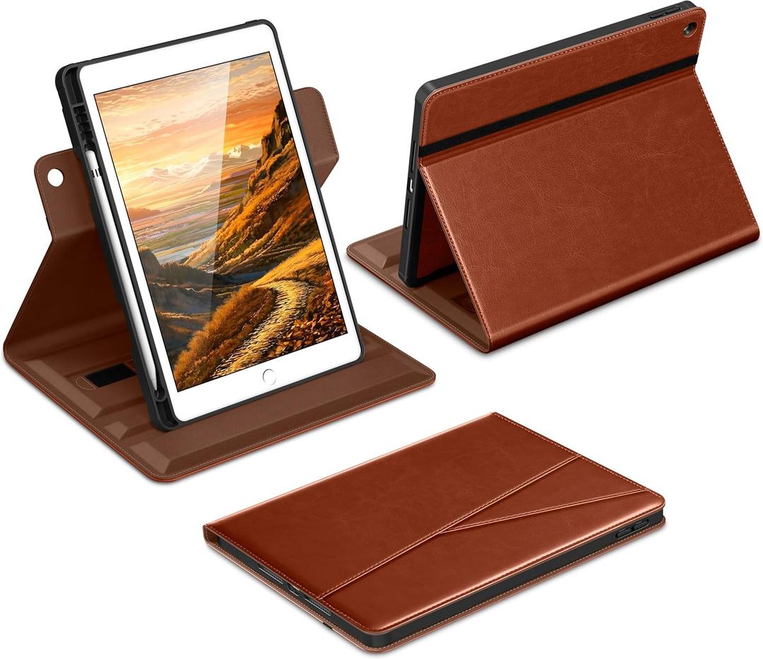 DTTO for iPad 9th / 8th / 7th Generation Case 10.2 Inch (2021/2020/2019), 360 Degree Rotating Premium Leather Folio Stand Cover with Pencil Holder, Brown