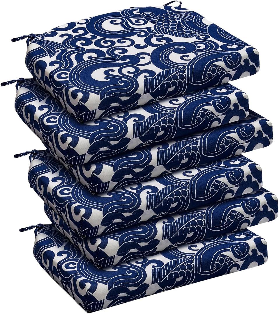 downluxe Outdoor Chair Cushions Set of 6 for Patio Furniture, Water-Resistant Patio Chair Cushions with Ties, High Density Foam Outdoor Seat Cushion, 17" X 16" X 2", Blue Carp