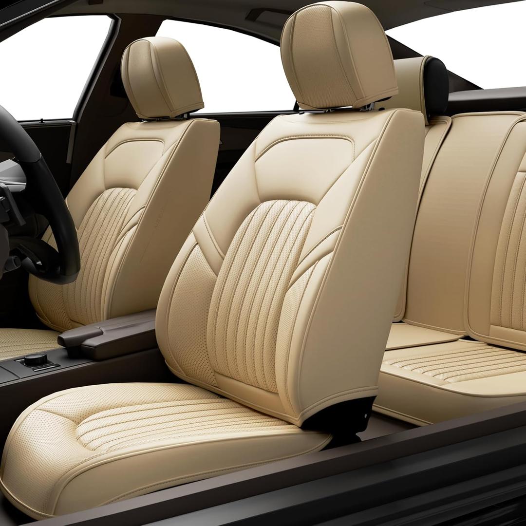 5 Pieces ZC Front and Rear Car Seat Covers, Waterproof Nappa Leather Full Set Car Seat Protectors, Universal Auto Interior Fit for Sedans SUV Pick-up Truck, Beige