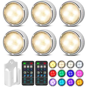 TECOMLIGHT Puck Lights with Remote Control, Battery Operated Wireless Under Cabinet Lighting, Stick on Tap Push Lights for Kitchen, Shelf, 6 Pack - White