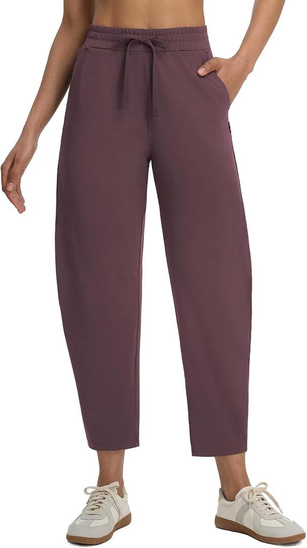 baleaf Womens Barrel Pants with Zipper Pockets Drawstring Athletic Pants Elastic Waisted Casual Lounge Work Travel (Brown, S)