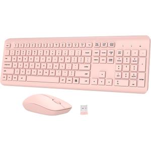 Wireless Keyboard and Mouse Combo, Full-Size Silent Ergonomic Keyboard and Optical Mouse, Long Battery Life, 2.4GHz Lag-Free Cordless Mice Keyboard for Computer, Mac, Laptop, PC, Windows(Pink)