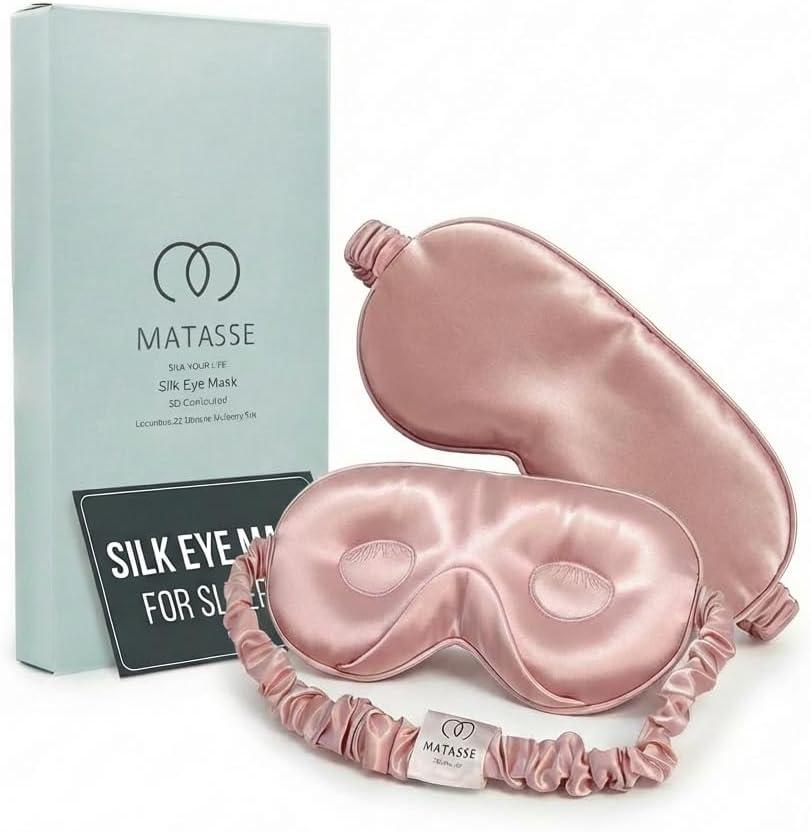 MATASSE 100% Mulberry Silk Sleep Mask 22 Momme Grade 6A - 3D Contoured Eye Mask for Sleeping, 14mm Deep Eye Cups, Total Blackout Blindfold for Women Men, Adjustable Strap, Side Sleeper (Pink)