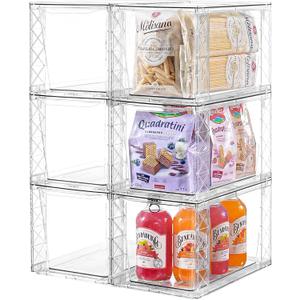 Clemate 6Pack Stackable Kitchen Storage Organizer, Pantry Organizers and Storage, Clear Foods Organizer Bins with Handles, Easily Assemble for Bathroom, Kitchen, Pantry, Cabinet, Closet (Large)