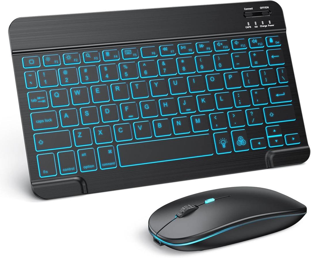 TECURS Bluetooth Keyboard and Mouse Combo for iPad - Rechargeable Wireless Keyboard & Mouse with 7-Color Backlit Compatible with iPad 10th/9th/8th Gen, iPad Pro/Air/Mini, iPhone15/14/13 Pro, Black