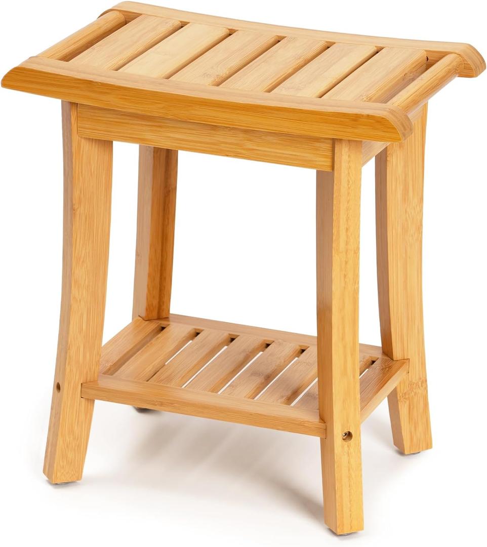 Unibambou Bamboo Shower Bench Inside Shower Stool with Storage Shelf, Spa Bath Chair for Bathroom, Seat or Organizer for Living Room, Bedroom and Garden - Great for All Ages Elderly (Small, Natural)