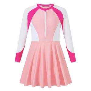 Mioglrie Girls Swimsuits Size 9-10 Bathing Suit for Teens Long Sleeve One Piece Pink Swimwear Kid Swim Suits with Bra Pads for Pool, Beach, Surfing