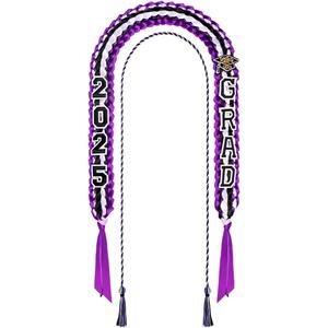 Graduation Lei Set Class of 2025 Grad Ribbon Leis with Honor Cord Double Braided Graduate Leis for Men Women (Purple Black White)