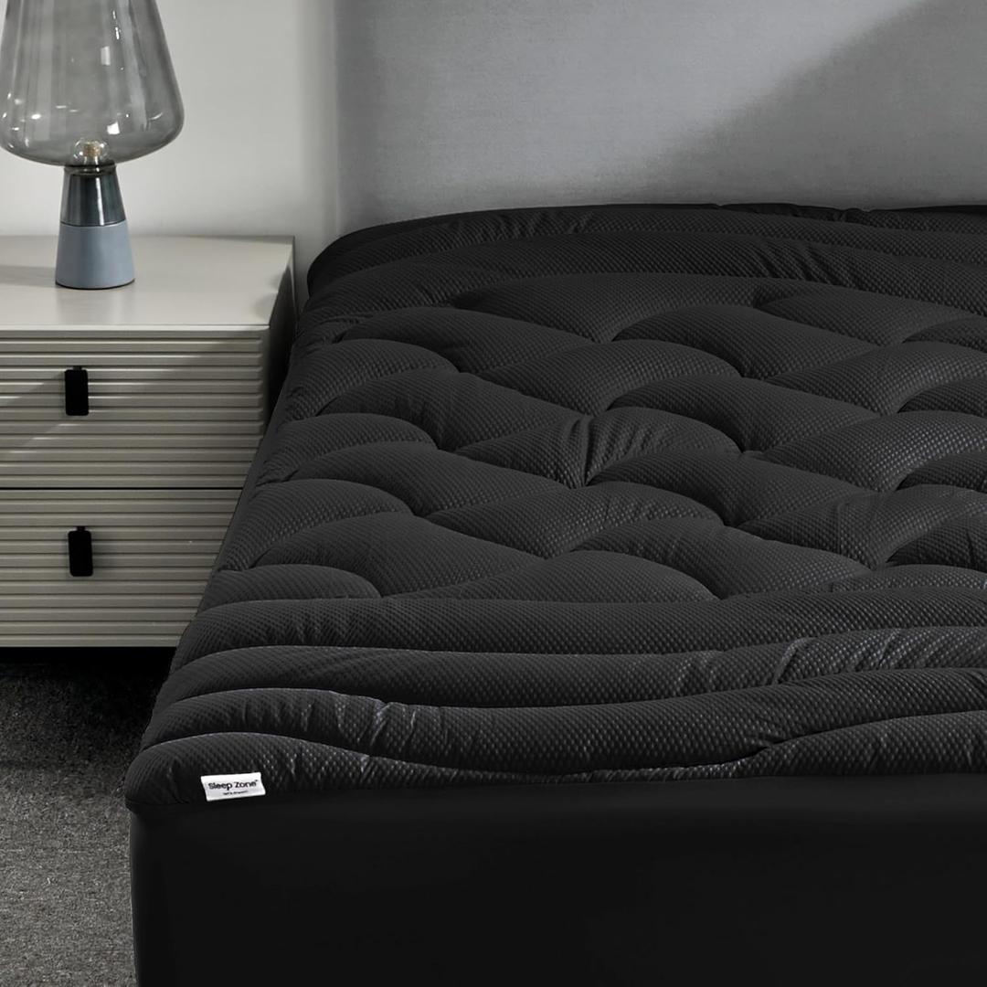 SLEEP ZONE Cooling Queen Mattress Topper, Premium Zoned Cool Mattress Pad Cover, Padded Mattress Protector Breathable Washable, Deep Pocket 8-21" (Black, Queen)