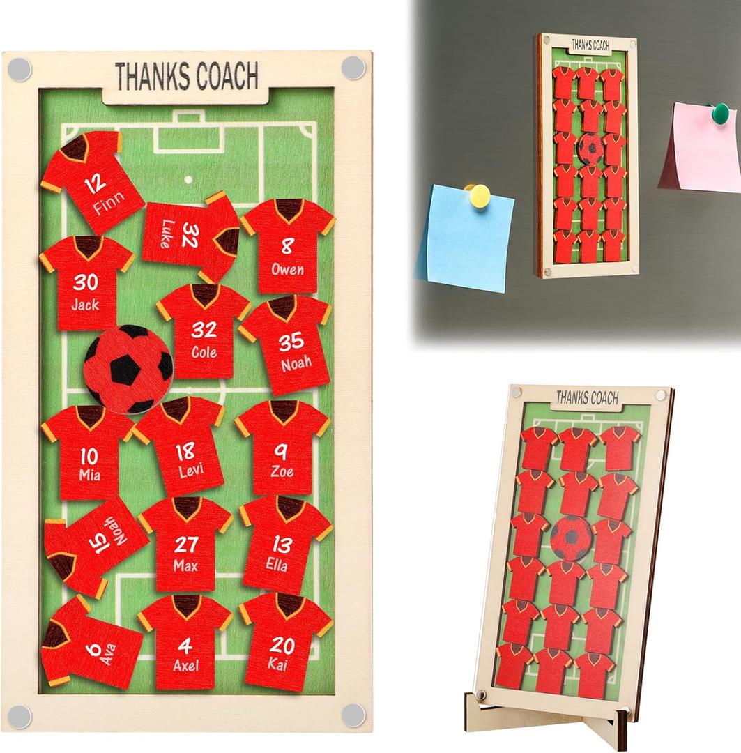 Soccer Coach Gifts Wood Thank You Sign with Stand Appreciation Sport Coach Gift for Men Personalized Soccer Shaker Magnet Custom Fridge Magnets for Refrigerator Members Team Club (Red)