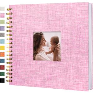 Scrapbook Photo Album Linen Cover, 10 x 10 Inch Hardcover Kraft White Pages Memory Book, for Travel Wedding Guest Book Christmas Baby Shower (40 Sheets/ 80 Pages,Pink)