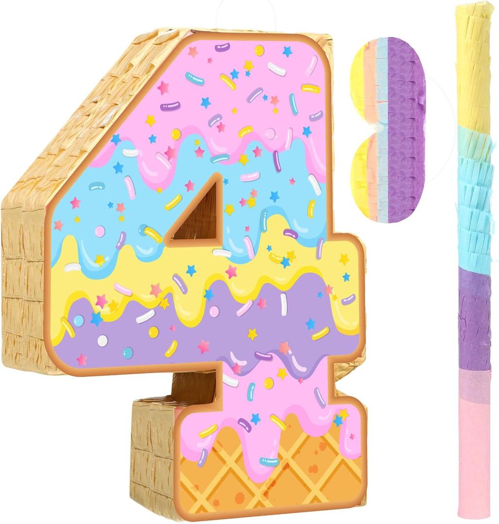 Aoriher Summer Birthday Piata Ice Cream Game Set Summer Number Piata with Bat Stick Blindfold Mask Confetti for Sundae Theme Birthday Baby Shower Party Game Supplies Decor(Number 4)