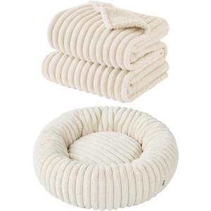 Bedsure Donut Large Dog Bed 36x36x8 inches with Waterproof Dog Blankets for Medium Dogs 30"x40", Cream