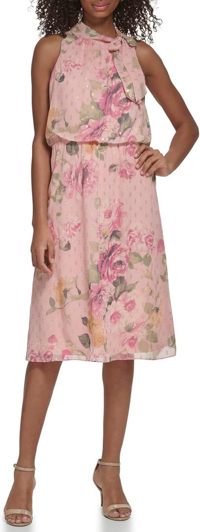 Jessica Howard Women's Fit and Flare Midi Dress with Tie Neck in Chiffon Lurex 8