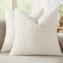 MIULEE Textured Throw Pillow Covers Thick Chenille Decorative Pillows Cream White 18x18 Inch Set of 2 Modern Boho Farmhouse Home Decor Neutral Cushion Covers for Couch Sofa Living Room Bedroom