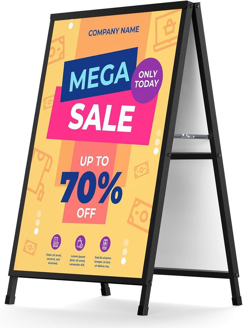 A Frame Sidewalk Sign 24x36 inches Sandwich Board - Outdoor Heavy Duty Coated Steel Metal Double-Sided Display Stand - Slide-in Folding Frame Sign Holder for Poster, Businesses, Advertising