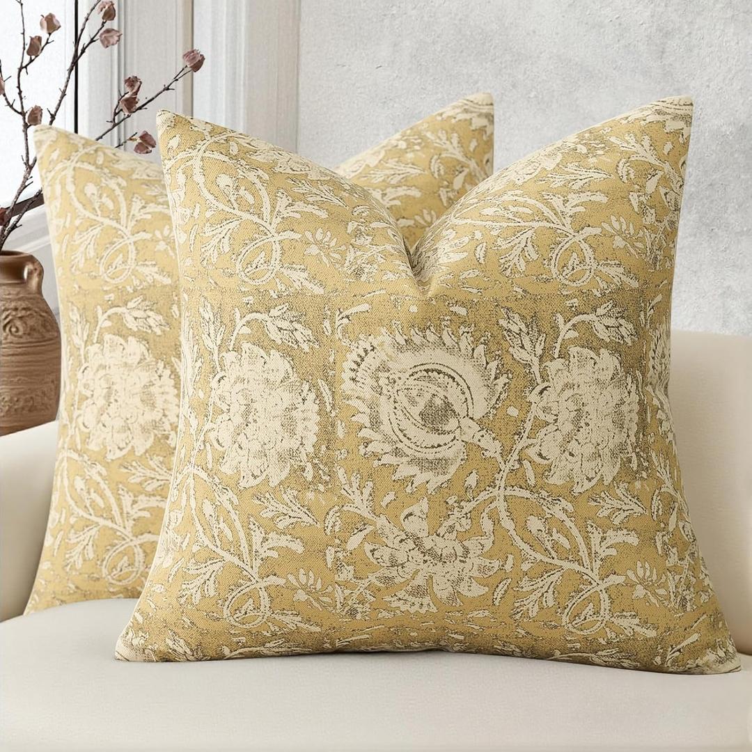 Vintage Floral Print Throw Pillow Covers 22x22 Set of 2 Neutral Modern Farmhouse Pillowcases Accent Decorative Cushion Covers Boho Home Decor for Couch Sofa Chair Bed Living Room, Yellow