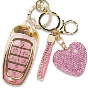 Fit for Hyundai Key Fob Cover with Diamond Keychain, Compatible with Hyundai 2024 2023 2022 Sonata Santa Fe Nexo Tucson Palisade Smart Key Protector for Women (7 Buttons, Pink)