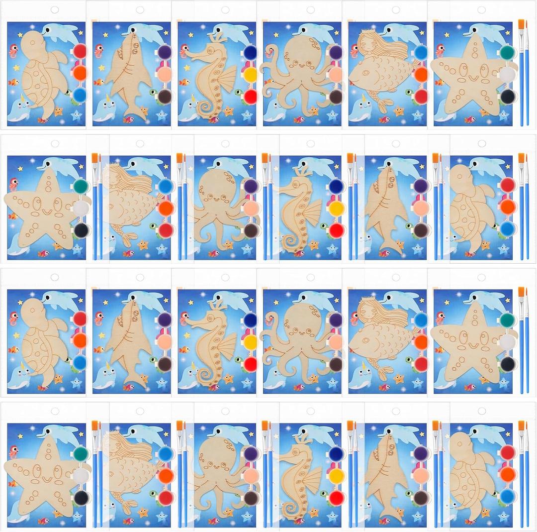 Geelin 24 Set Ocean Undersea Party Favor Animal Wooden Painting Craft Kit DIY Wooden Coloring Craft with Brush and Card for Kid Girl Boy Birthday Thanksgiving Party Supplies Goodie Bag Stuffer Prize