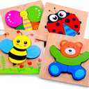 Magifire Wooden Puzzles, Set of 4 Puzzle Toys for Kids Toddlers 13, Baby Educational Animal Toys with Chunky Pieces & Bag for Easter - Butterfly, Bee, Ladybug, Bear (4 Pack - 5.7 x 5.7 inch)