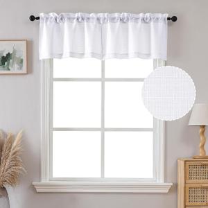 OVZME Curtain Valances for Windows, White Curtains 14 Inch Length 2 Pieces, Faux Linen Textured Small Window Curtains for Bedroom Living Room, Farmhouse Semi Curtain Panels, Each 30x14 Inches
