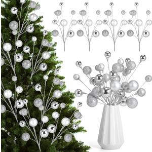4 Pcs 15 Inch Silver Christmas Tree Picks Xmas Glitter Ball Christmas Tree Decorations Artificial Stems for Xmas Topper Ornaments DIY Wreath Garland Crafts Winter Home Decor
