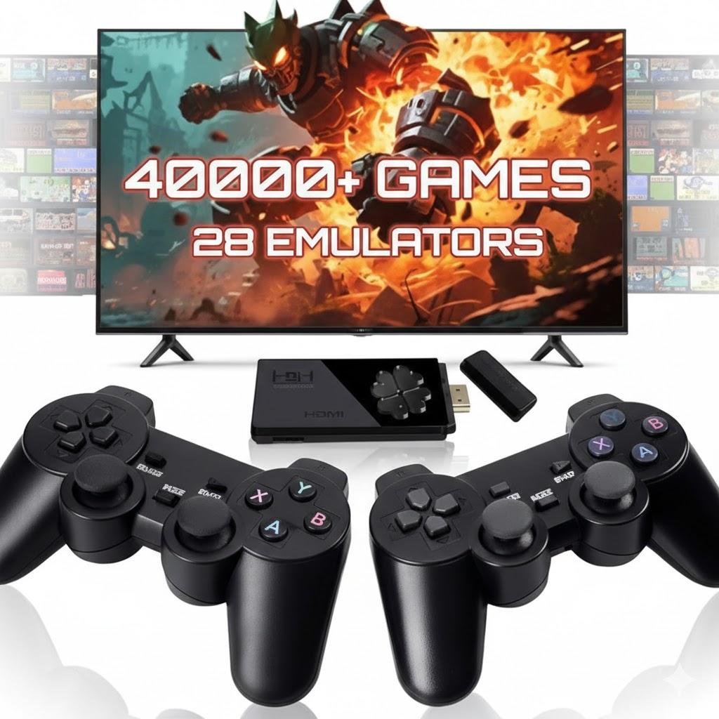 Retro Gaming Console for TV with 2.4G Wireless Controllers, Retro Game Stick with 40,000+ Classic Games and 28 Builtin Emulators, Video Gaming Stick HDMI Output, Plug & Play