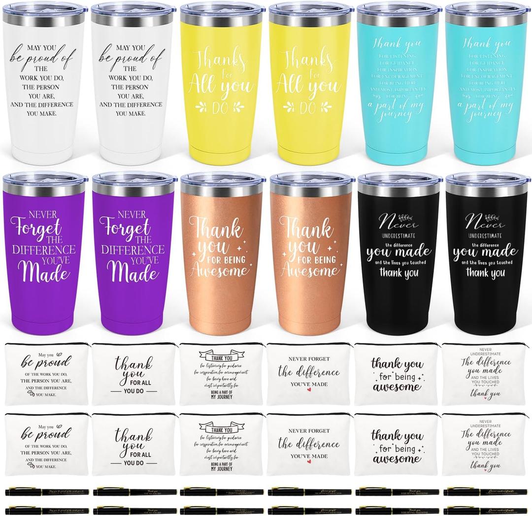 12 Set Employee Appreciation Gifts Bulk, Gift for Coworkers Teachers Nurses, 12OZ Inspirational Stainless Steel Tumbler Makeup Bags Pen Thank You Gifts For Women Men Team Staffs (20OZ, Exquisite)