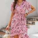 Womens Wrap V Neck Short Sleeve Dress 2025 Summer Floral Boho Dress Ruffle A Line Flowy High Low Midi Dresses (Pink, L)