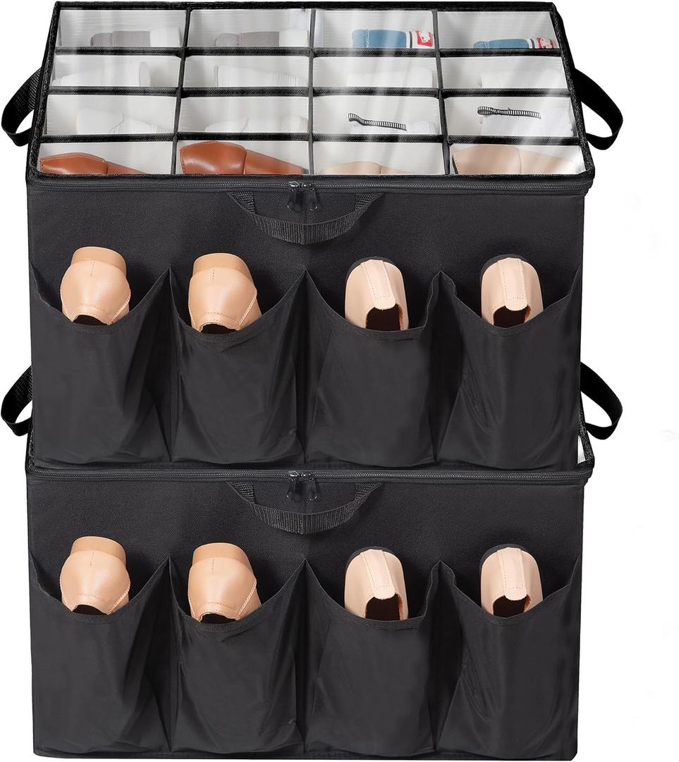 Shoe Organizer for Closet, Shoe Storage Solution with Clear Cover & Adjustable Dividers, Fabric Shoe Box Fits 16 +8 Pairs Shoes, Black, 2-Pack