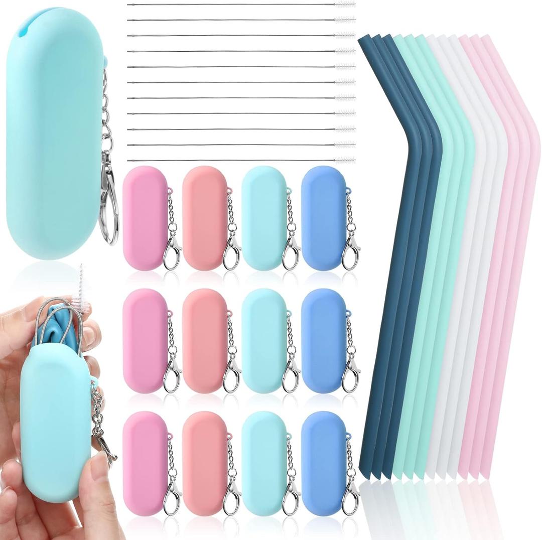 Zubebe 12 Set Silicone Straws with Case Reusable Travel Portable Foldable Collapsible Drinking Straw with Carry Case and Cleaning Brushes for Home Travel Party Cold or Hot Drinks, 4 Color