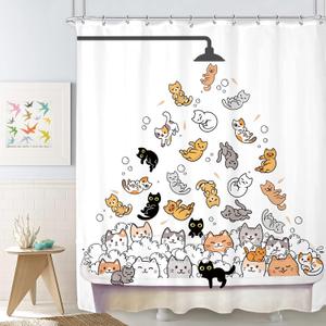 SVBright Cute Cat Shower Curtain for Kids Children 72Wx72L Inch Funny Cartoon Animal Raining Colorful Hilarious Lovely Pets Playing Water Bathroom Waterproof Polyester Fabric Bathtub 12 Pack Hooks