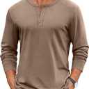 COOFANDY Mens Henley Shirts Cotton Long Sleeve V Neck Button Basic Tees Plain Casual Pullover (Brown, M)