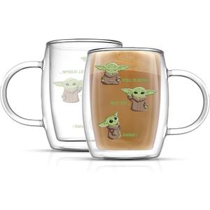 JoyJolt Awake! Grogu Coffee Mug Set of 2 Double Wall Mug. 13.5oz Large Espresso, Cappuccino or Latte Cup. Mandalorian Star Wars Mugs, Insulated Coffee Mug, Clear Glass Cups Coffee Cup Set