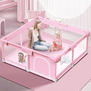 Pink Baby Playpen 50x50 Inches Playpen for Little Princess Play Yards Indoor & Outdoor Sturdy Safety Baby Girls Play Pen with Soft Breathable Mesh Toddlers Activity Center with Anti-Slip Base